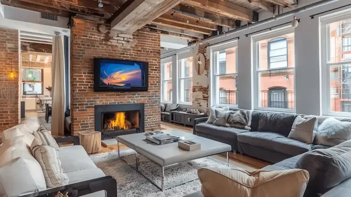 TV mounted above brick fireplace