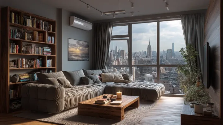 Modern living room with assembled sectional sofa and TV stand