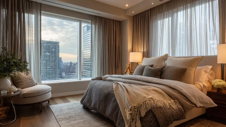 Window treatments installation in a Manhattan bedroom, New York