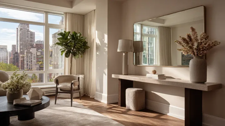 Large designer mirror installed on living room wall, Manhattan, New York